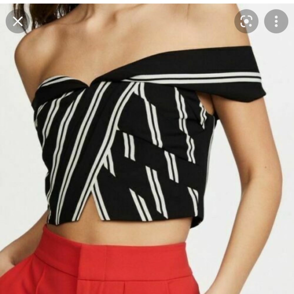 Alice + Olivia Black and White Striped off the Shoulder Crop Top